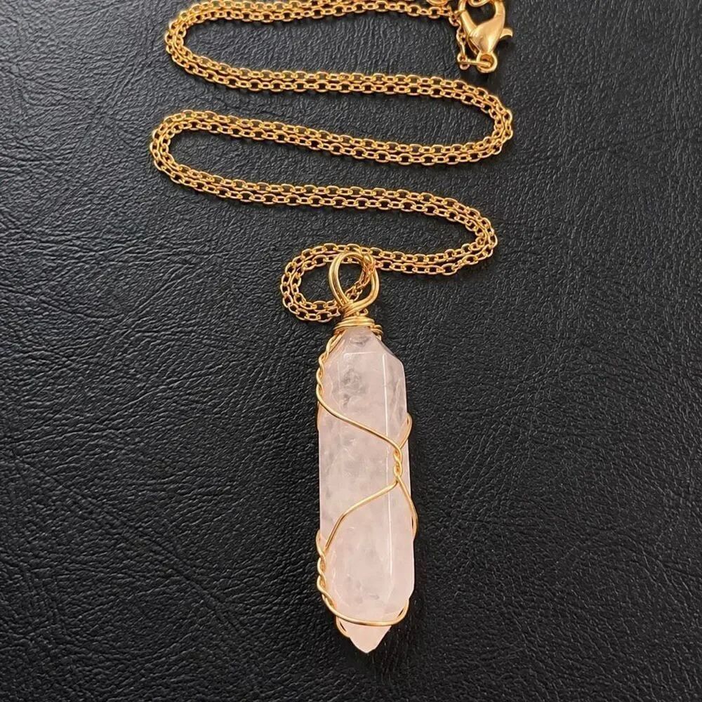 Milky Pink Hexagonal Crystal Necklace Gold Tone Wire Wrapped